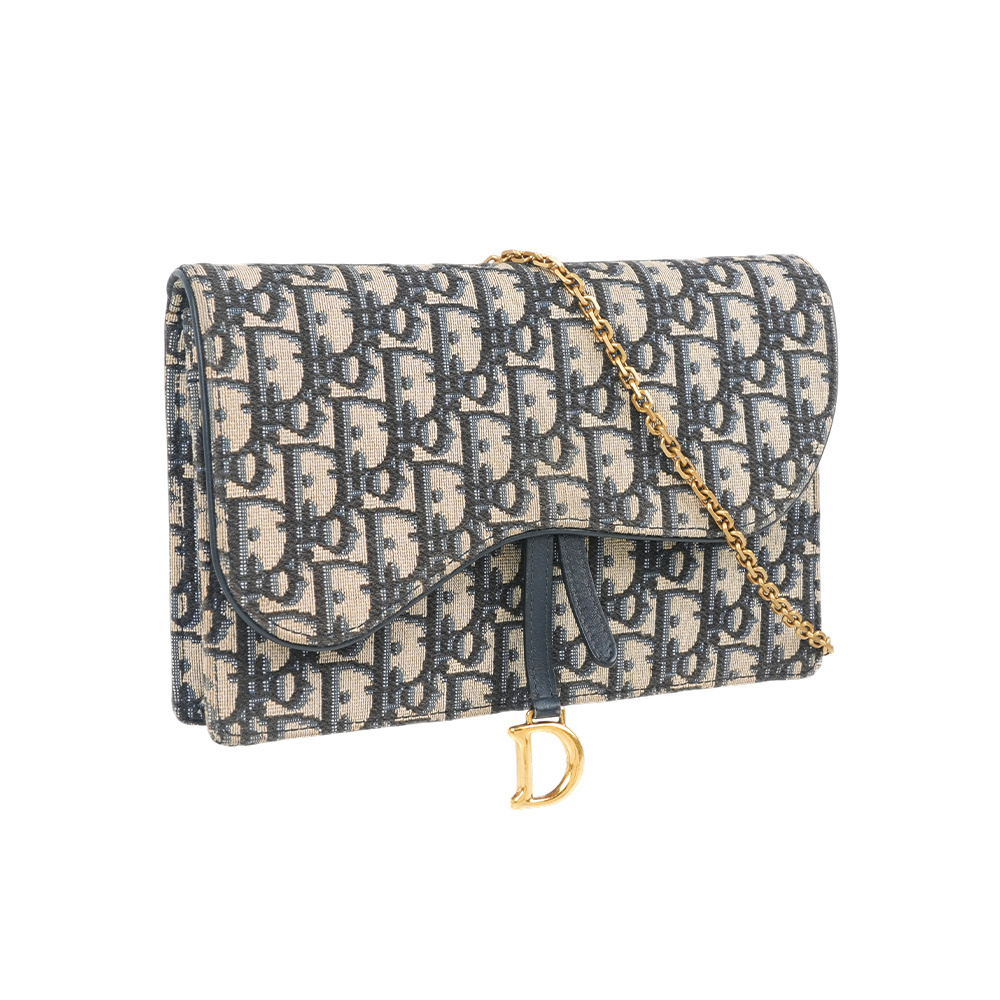 【CHRISTIAN DIOR】Saddle Oblique 緹花布中型皮夾式鍊包WOC/手拿包(藍色)