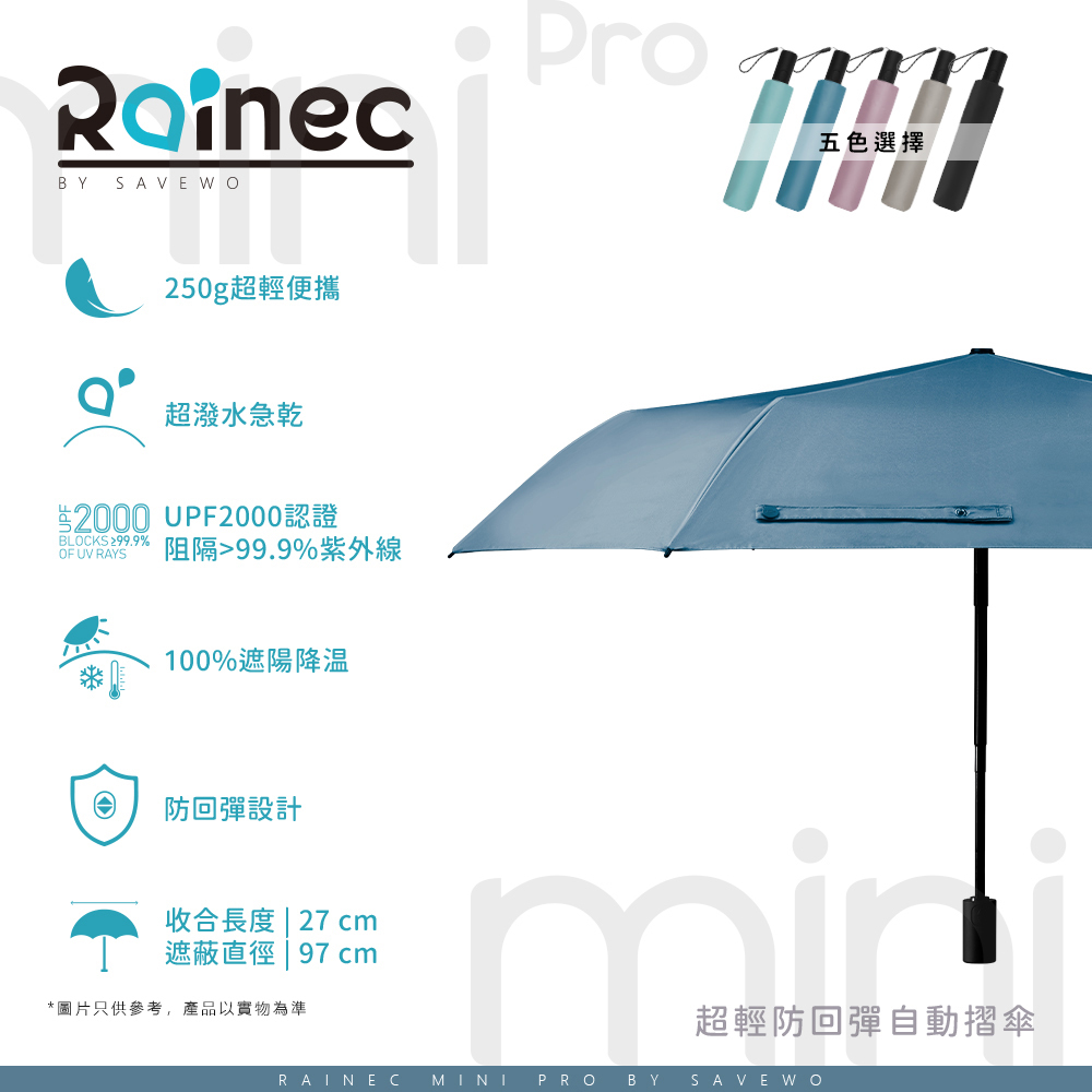 Rainec mini Pro 超輕防曬超潑水防回彈自動摺遮 (Night Sea / 夜海)