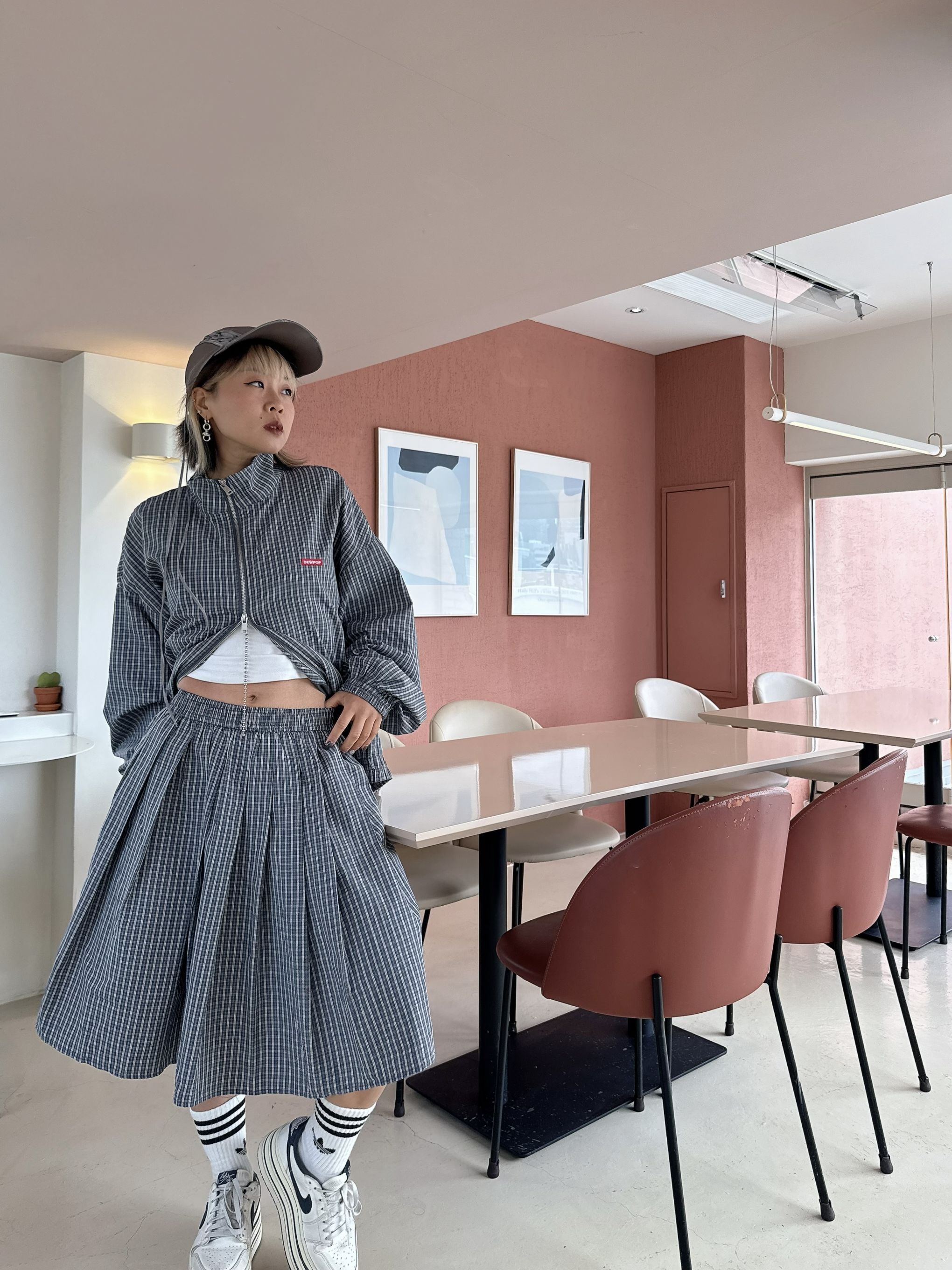 Classic check pleated midi skirt