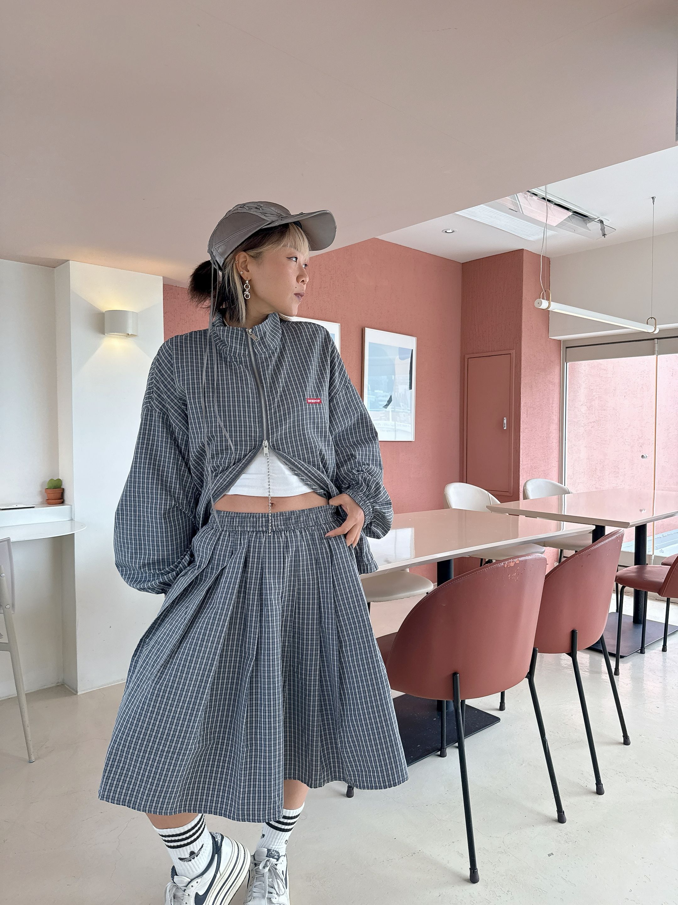 Classic check pleated midi skirt