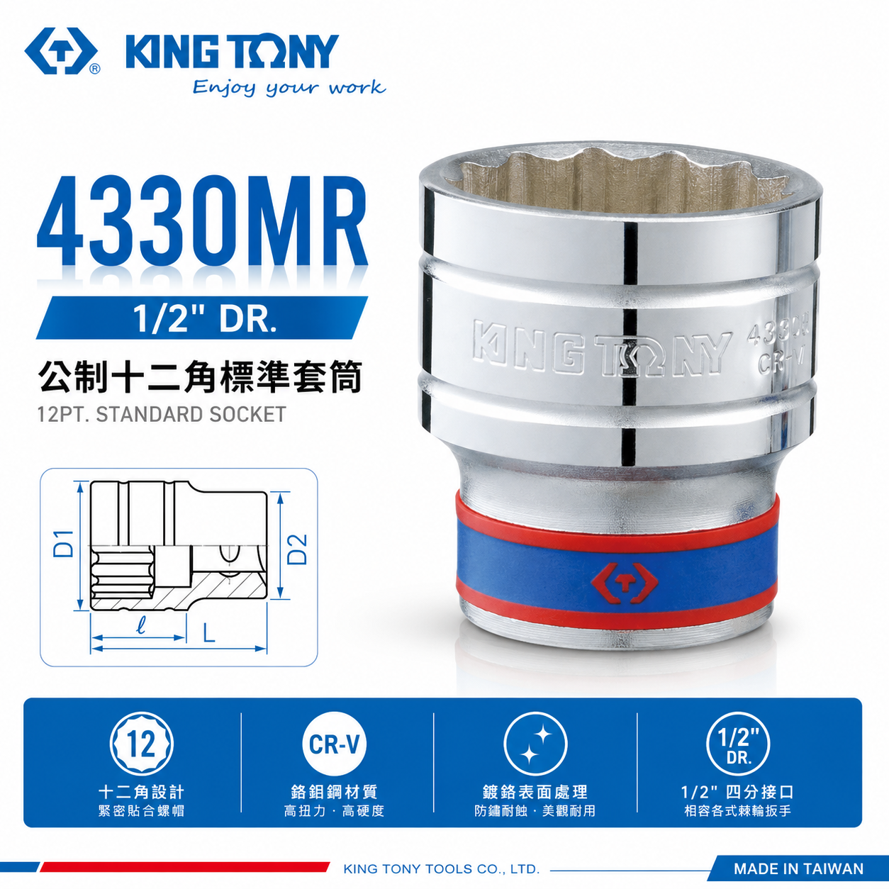 KING TONY 金統立｜8-36mm 四分十二角標準套筒 1/2" 4分手動短套筒｜4330M｜4330｜4330MR｜台灣製｜公司貨