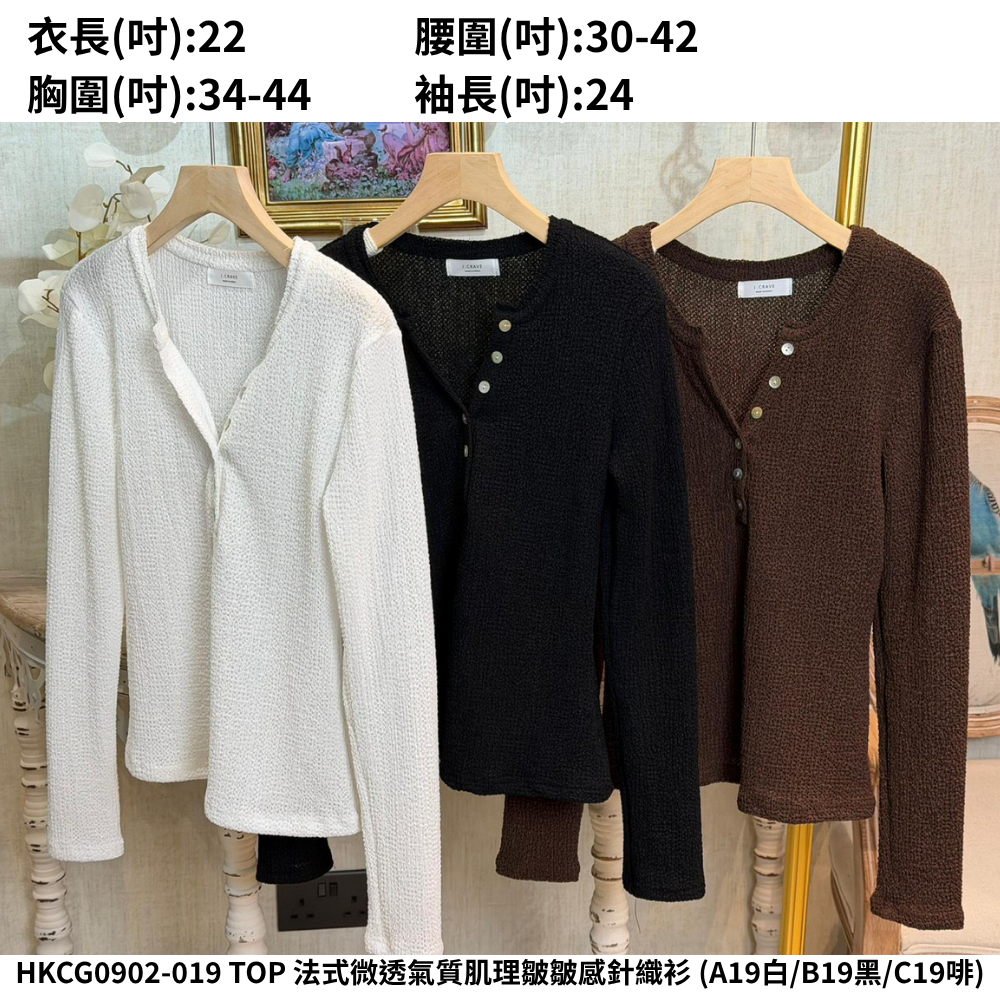 HKCG0902-019 TOP 法式微透氣質肌理皺皺感針織衫 (A19白/B19黑/C19啡)