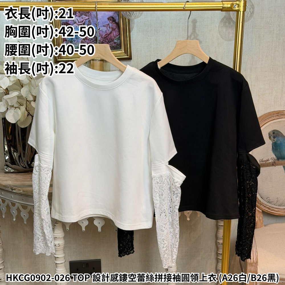 HKCG0902-026 TOP 設計感鏤空蕾絲拼接袖圓領上衣 (A26白/B26黑)