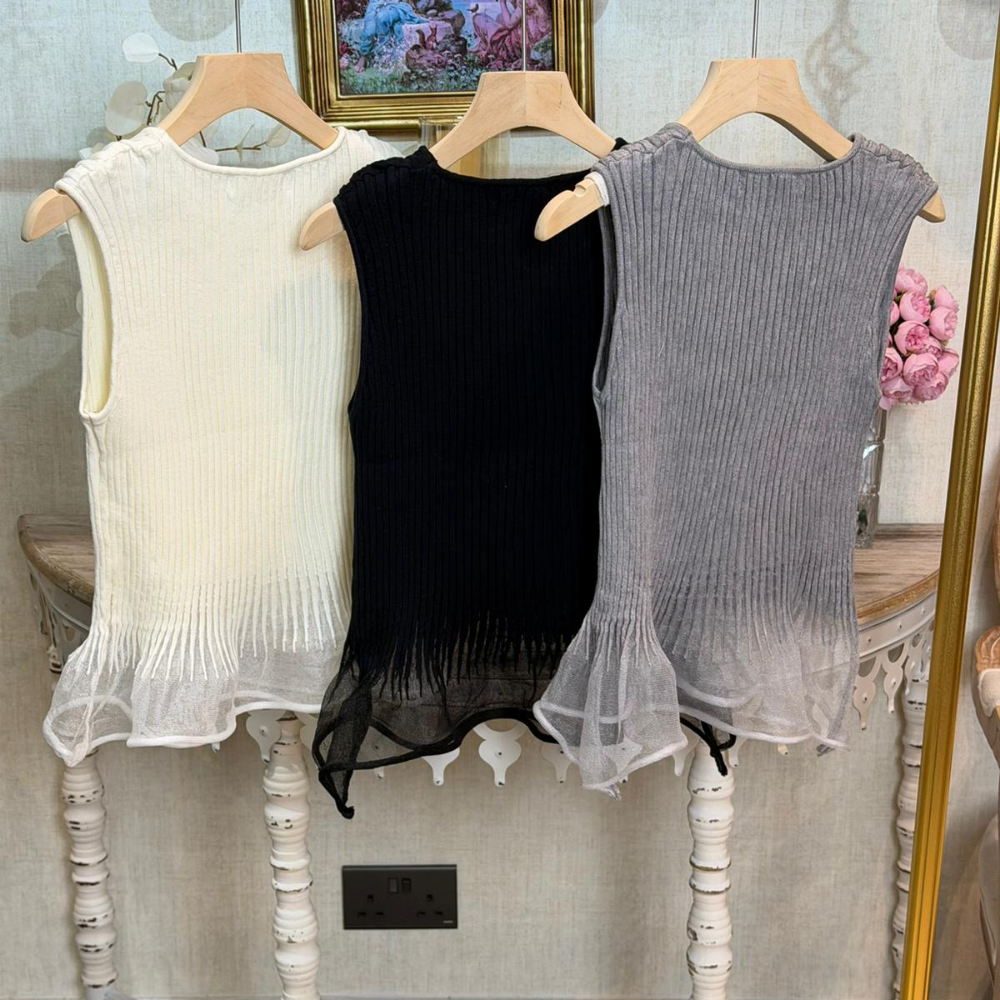 HKCG0902-032 TOP 氣質無袖坑條針織拼接歐根紗魚尾背心 (A32米白/B32黑/C32灰)