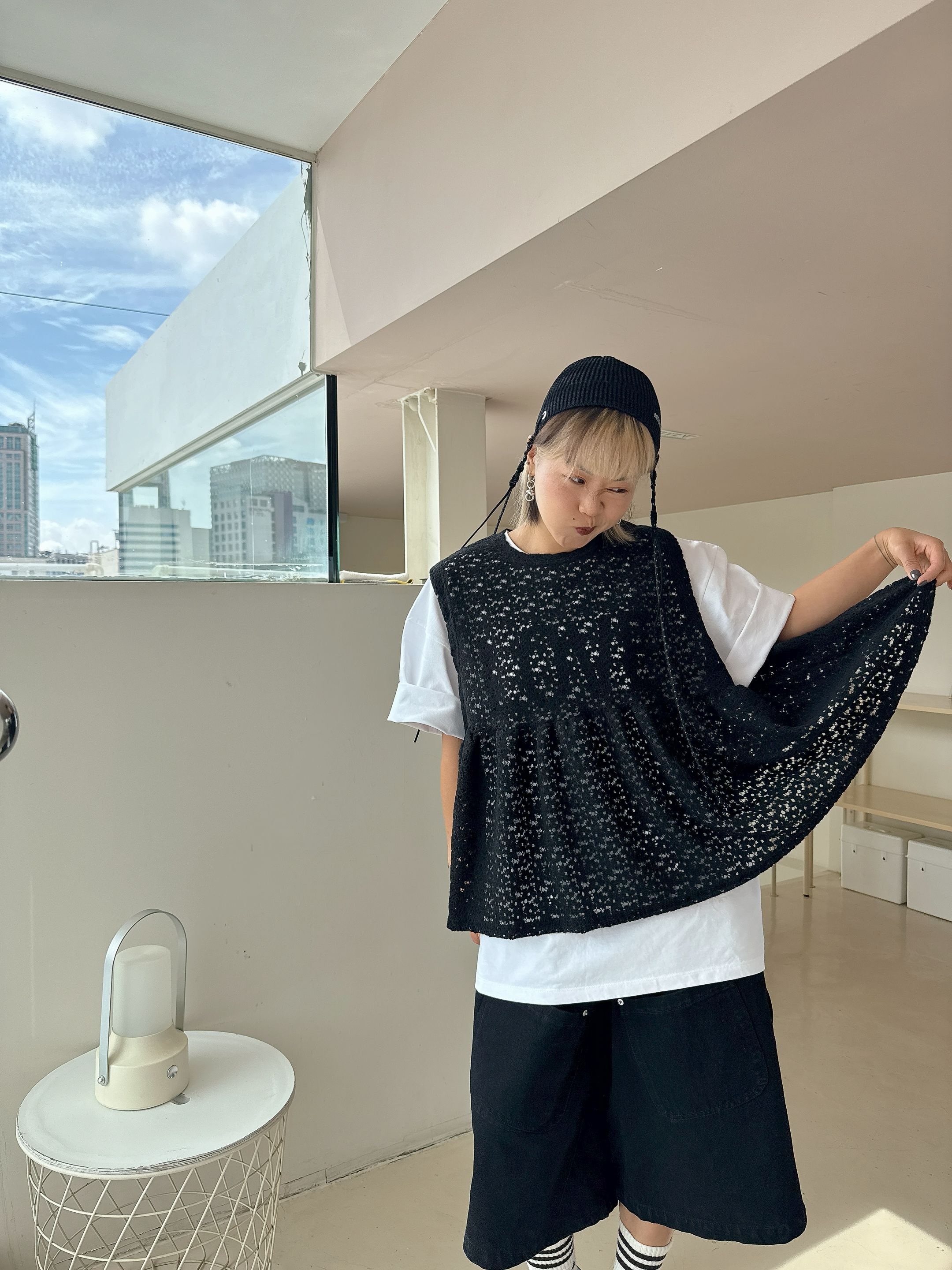 Open-Knit Sleeveless Babydoll Top
