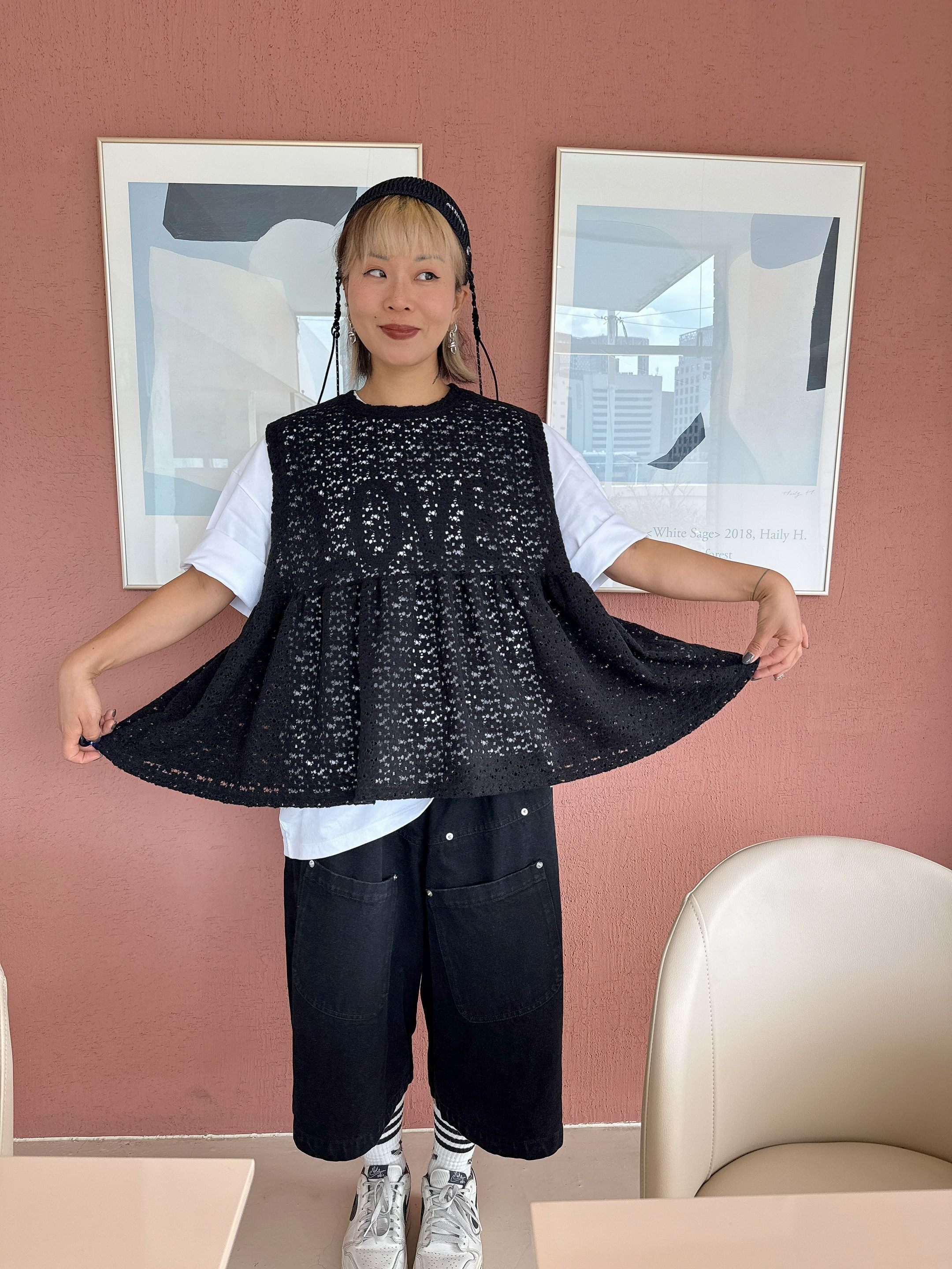 Open-Knit Sleeveless Babydoll Top