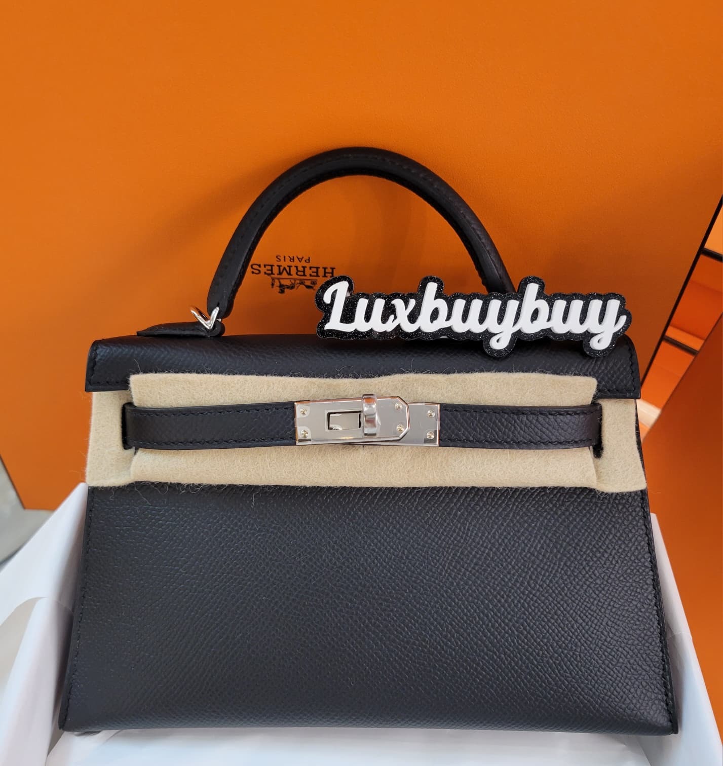 HERMES MINI KELLY II NOIR CK EPSOM 黑銀