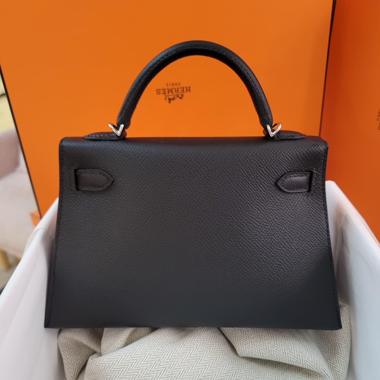 HERMES MINI KELLY II NOIR CK EPSOM 黑銀