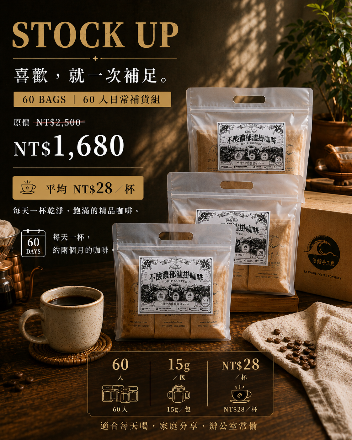 不酸濃郁｜中焙・中深焙濾掛咖啡｜60 入・每包 15g