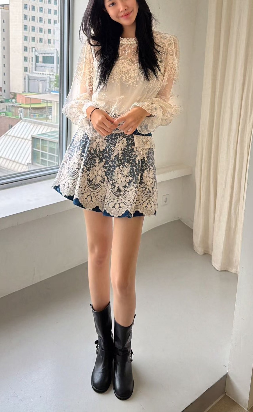 牛仔小花蕾絲褲裙