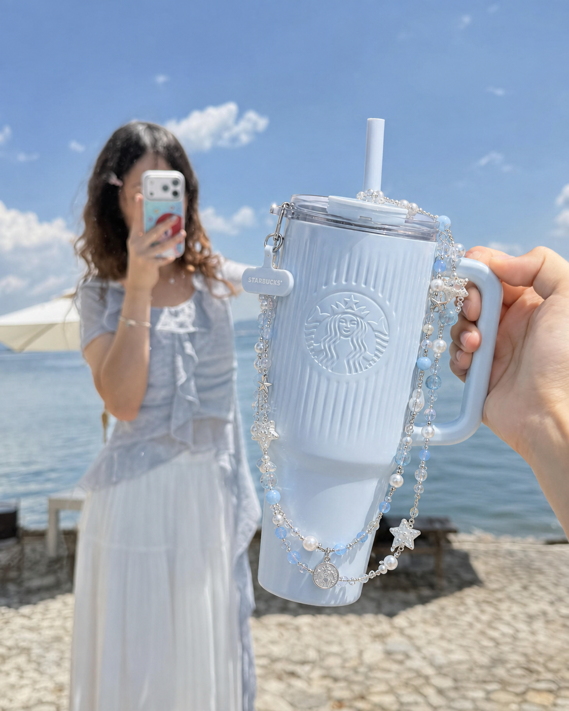 STARBUCKS 星巴克 海底綺遇系列 冰晶珠光 贈珍珠手機掛繩 雙飲口 不鏽鋼 冰壩杯 910ML