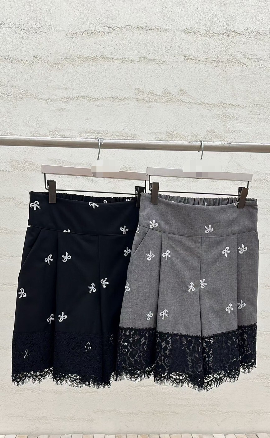 白刺繡蝴蝶結高腰褲裙