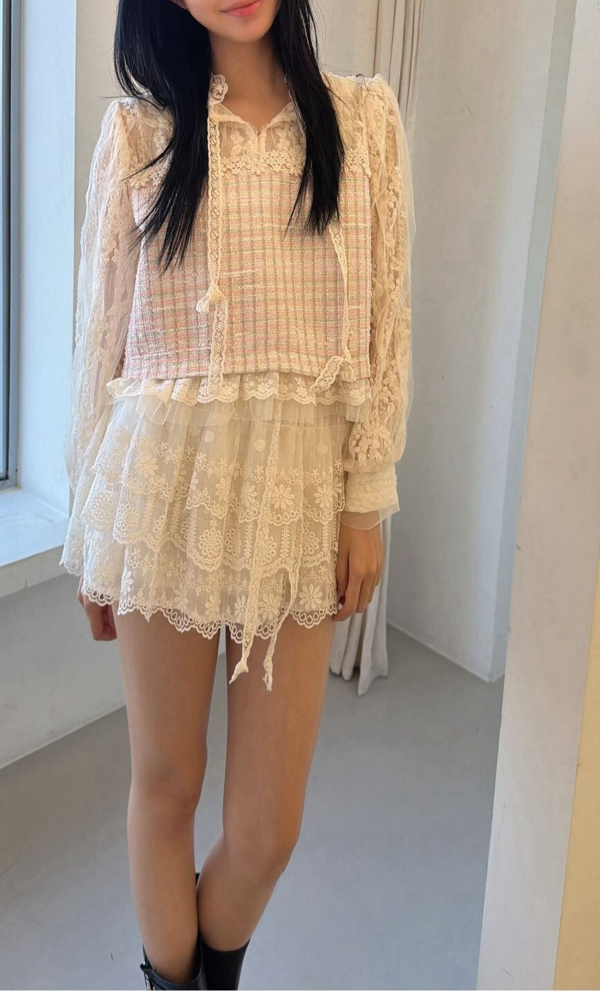 彩色織線拼接蕾絲襯衫