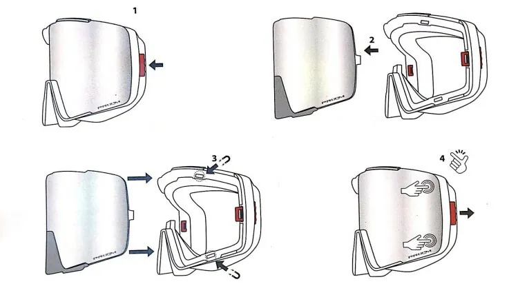 Oakley Ridgelock快拆鏡片系統四步驟更換教學線稿示意圖,標示1至4步驟箭頭指示鏡片卸下與裝回動作,並圖解雙手按壓鏡框兩側紅色固定卡榫的操作方式