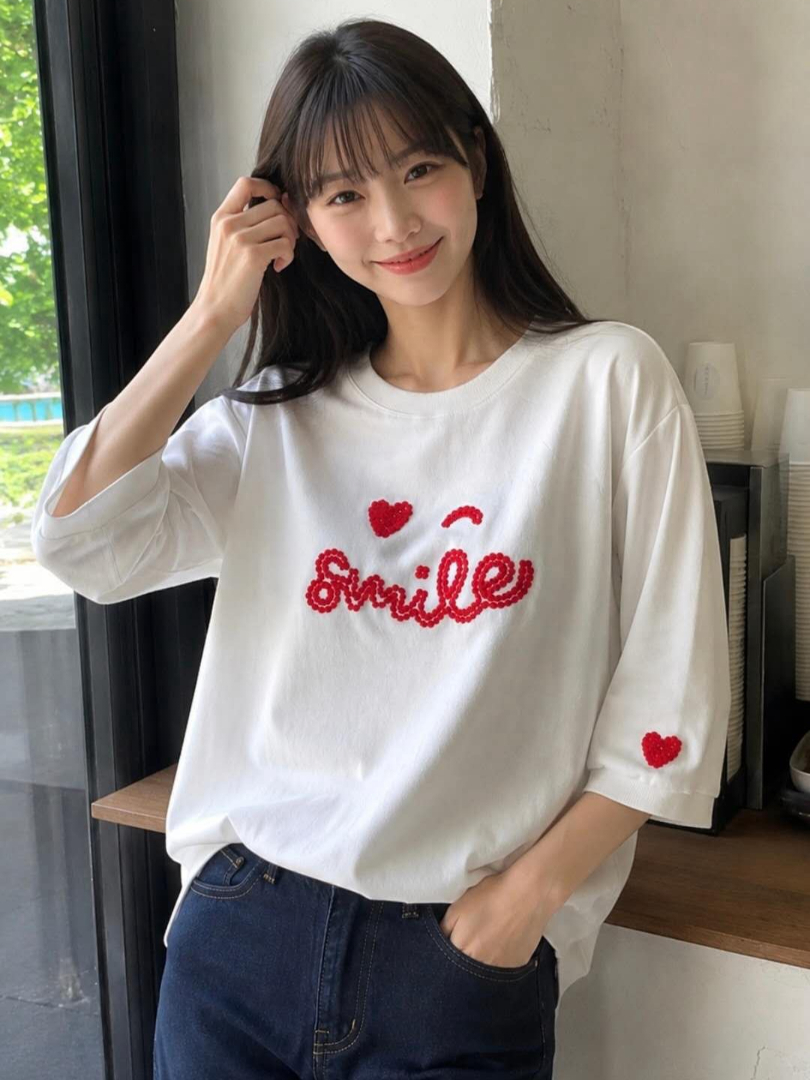 笑一個吧♡愛心Smile立體刺繡七分袖上衣