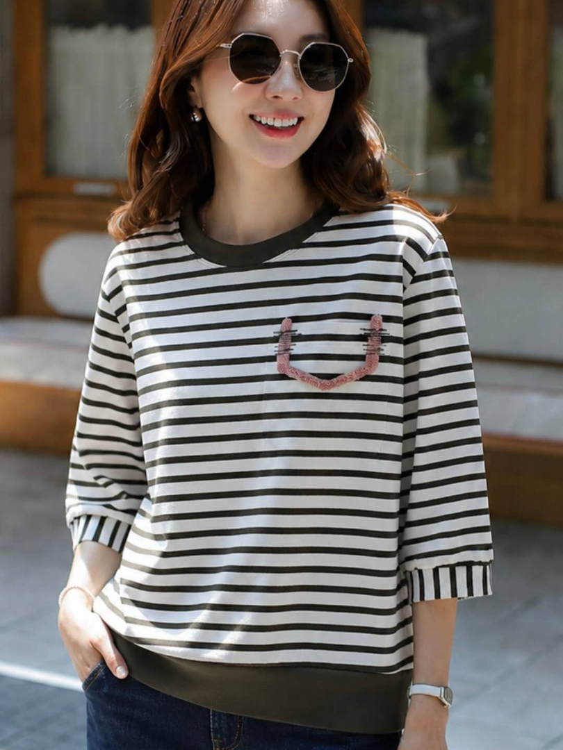 條紋控會愛♡撞色Smile口袋七分袖上衣