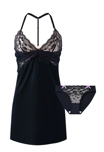 ELS26046 【MIDNIGHT RIBBON LACE】午夜愛戀蕾絲兔兔杯性感睡裙 (配套內褲)-M
