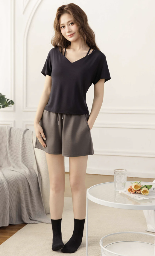 EL26021【雙C提拉・LINEAWEAR】2-IN-1 美胸短袖家居服套裝 -M