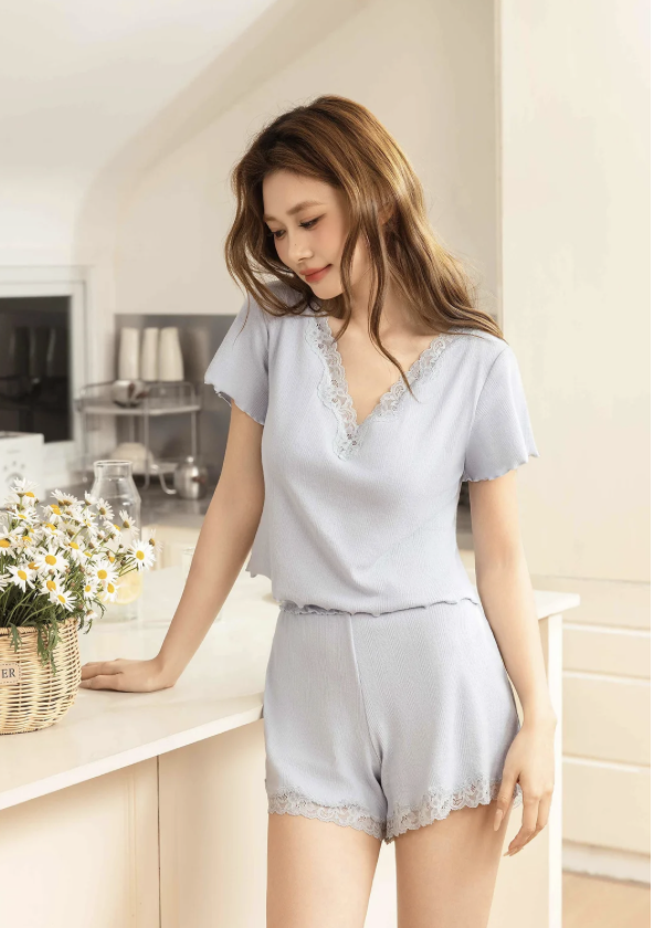 EL26065【2in1 Bra-Free】帶胸墊法式少女蕾絲棉質家居服 -M