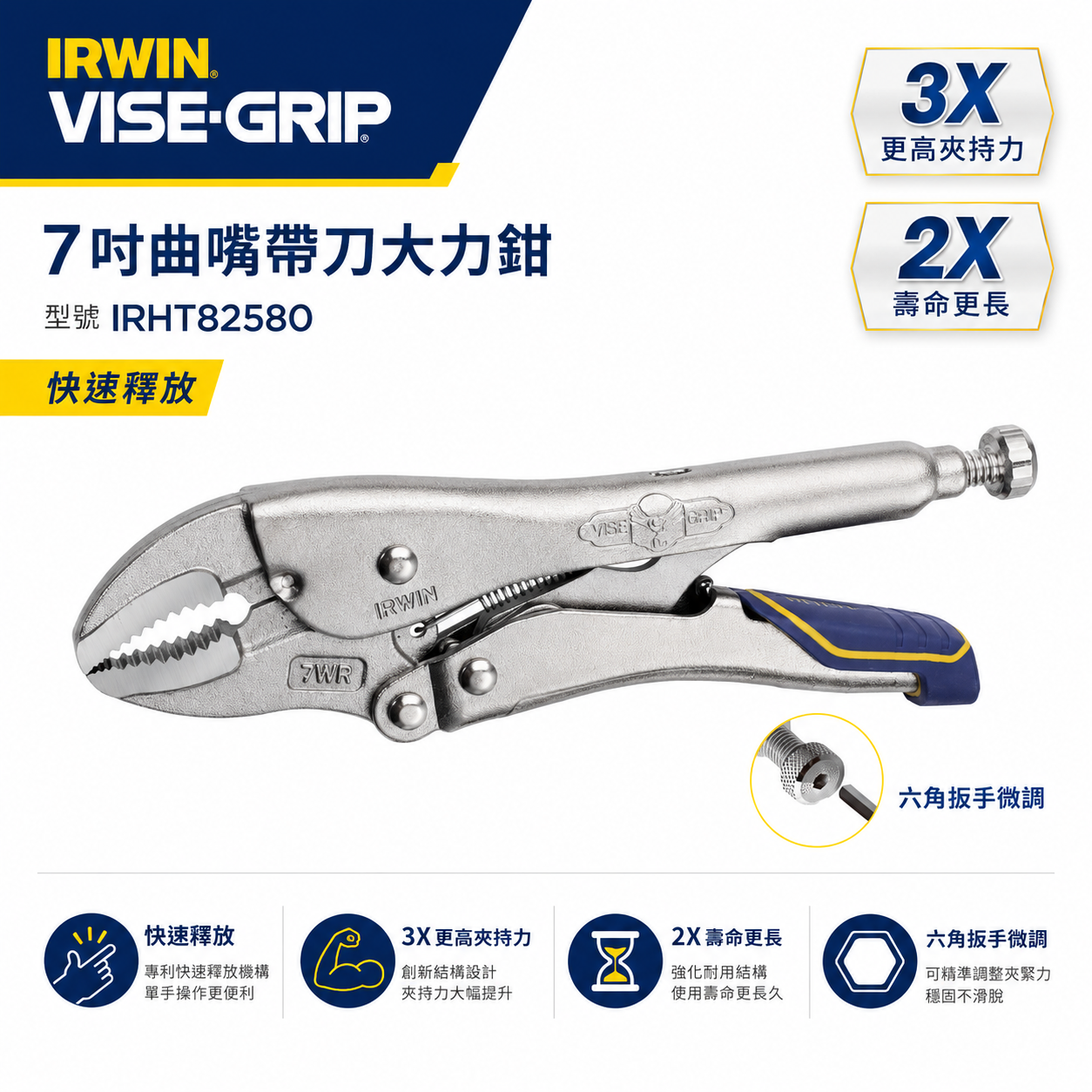 美國 IRWIN 握手牌｜快速釋放專利膠柄萬能鉗 7" 曲口大力鉗 7WR 曲嘴固定夾鉗｜IRHT82580
