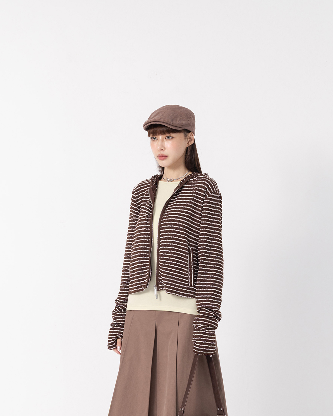 Casual Striped Cropped Hoodie with Two-Way Zipper – Available in Two Colors【02071723】in stock+pre-order
