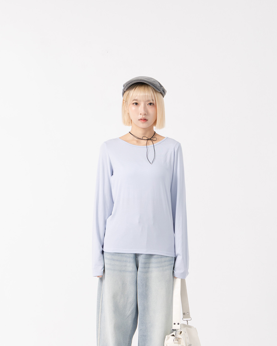 Basic plain stretch long-sleeved top - blue【01200039】in stock+pre-order