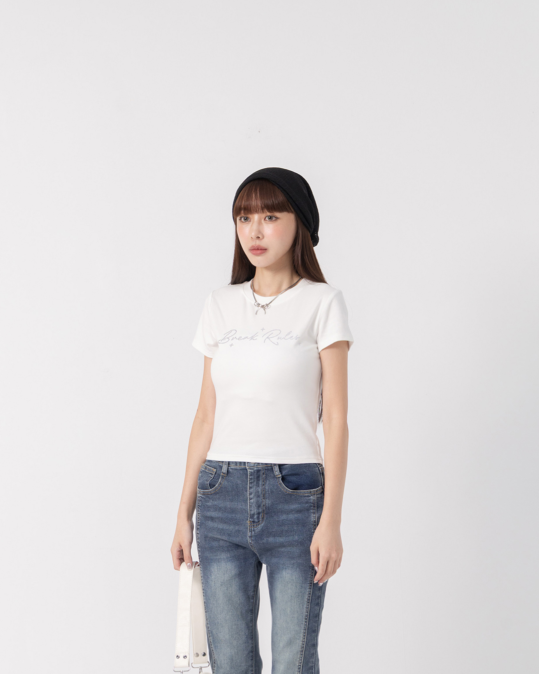 Rhinestone-Letter Fitted Short-Sleeve Top - White S/M【01200054】in stock+pre-order