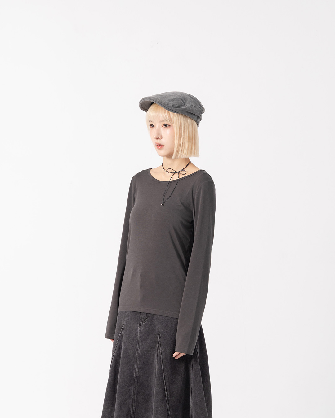 Basic Plain Elastic Long-Sleeved Top - Dark Gray【01200036】in stock+pre-order