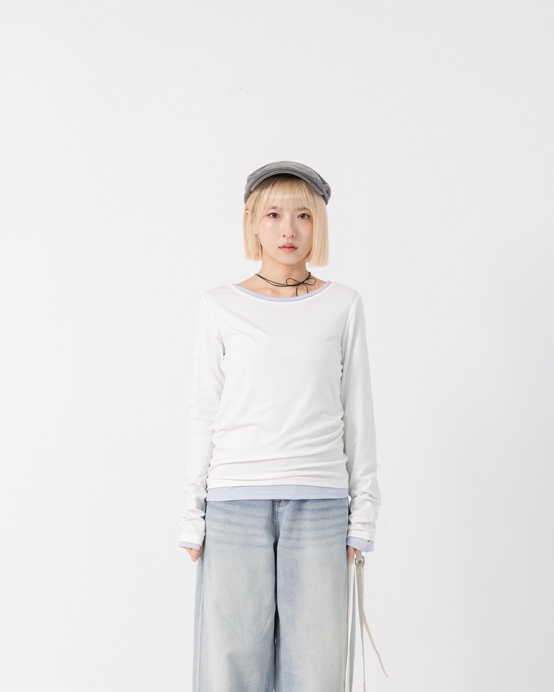 Basic plain stretch long-sleeved top - white【01200035】in stock+pre-order