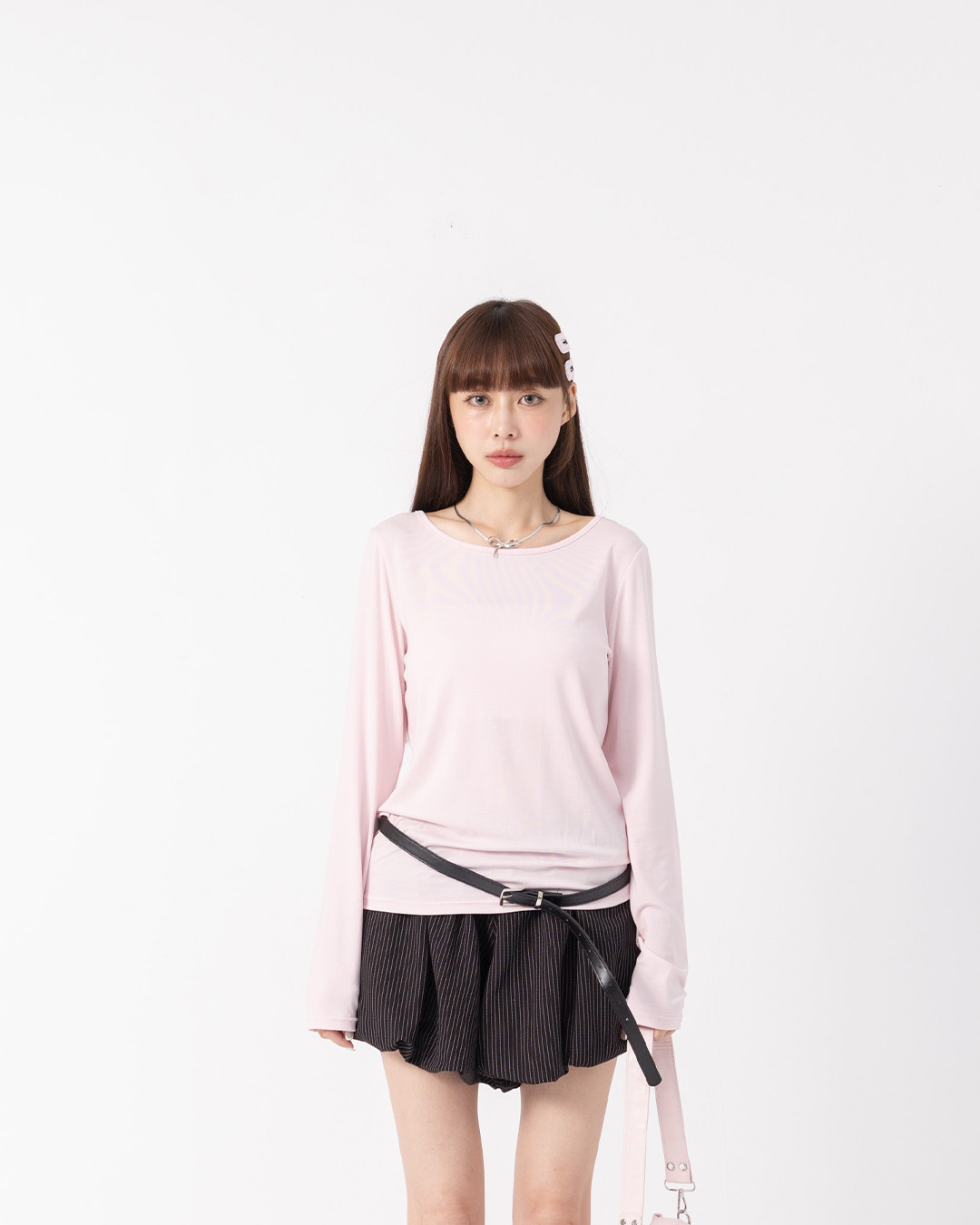 Basic Plain Elastic Long-Sleeved Top - Pink【01200037】in stock+pre-order