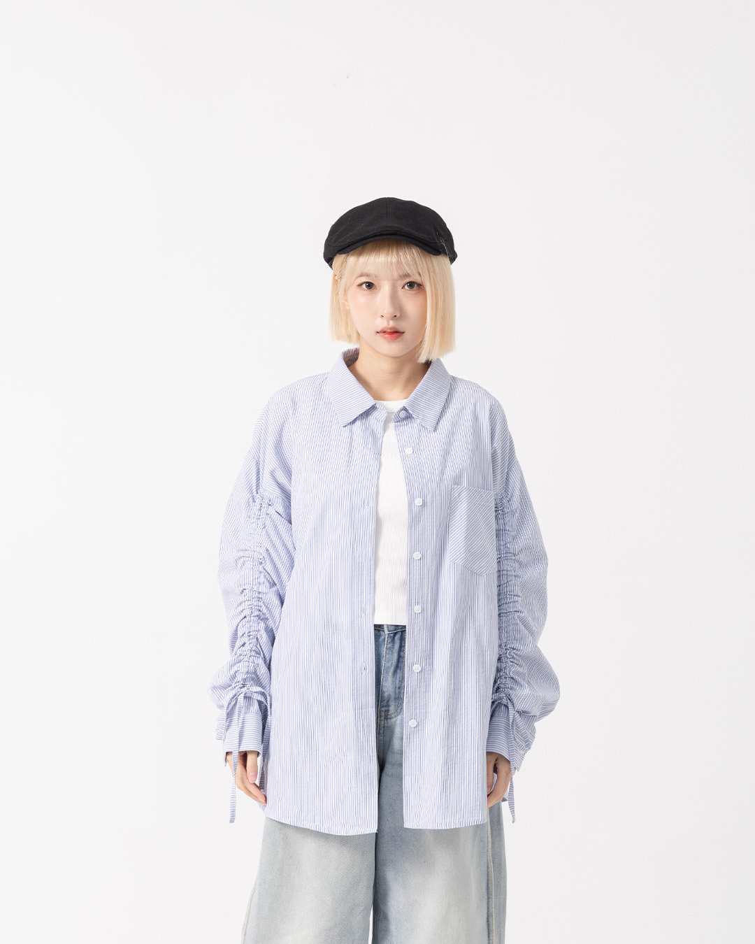 Oversized shirt with striped sleeves and drawstring tie details – available in two colors.【01025886】in stock+pre-order