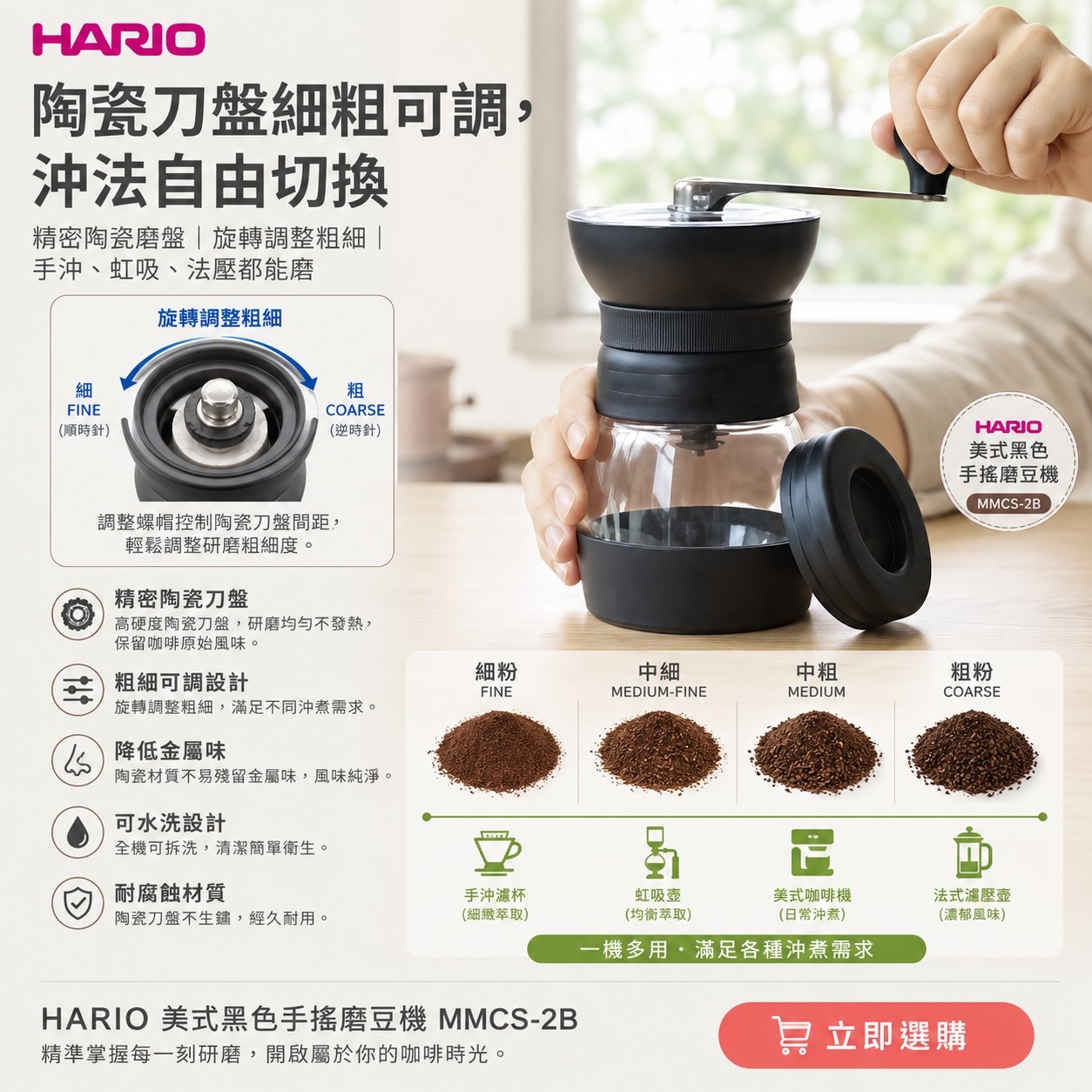 HARIO 美式黑色手搖磨豆機 手搖磨豆機 陶瓷刀盤 可水洗 MMCS-2B