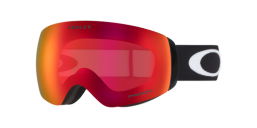 OAKLEY Flight Deck™ M滑雪風鏡黑框紅橙Prizm鏡片商品圖卡，下方文字標示鏡帶顏色Matte Black霧面黑、鏡框材質彈性O MATTER™、鏡框形狀單片式風鏡(Shield)