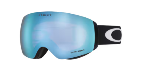 OAKLEY Flight Deck™ M滑雪風鏡黑框藍紫Prizm鏡片正面視圖，鏡片上緣印有OAKLEY字樣，鏡框側邊標示PRIZM品牌標誌