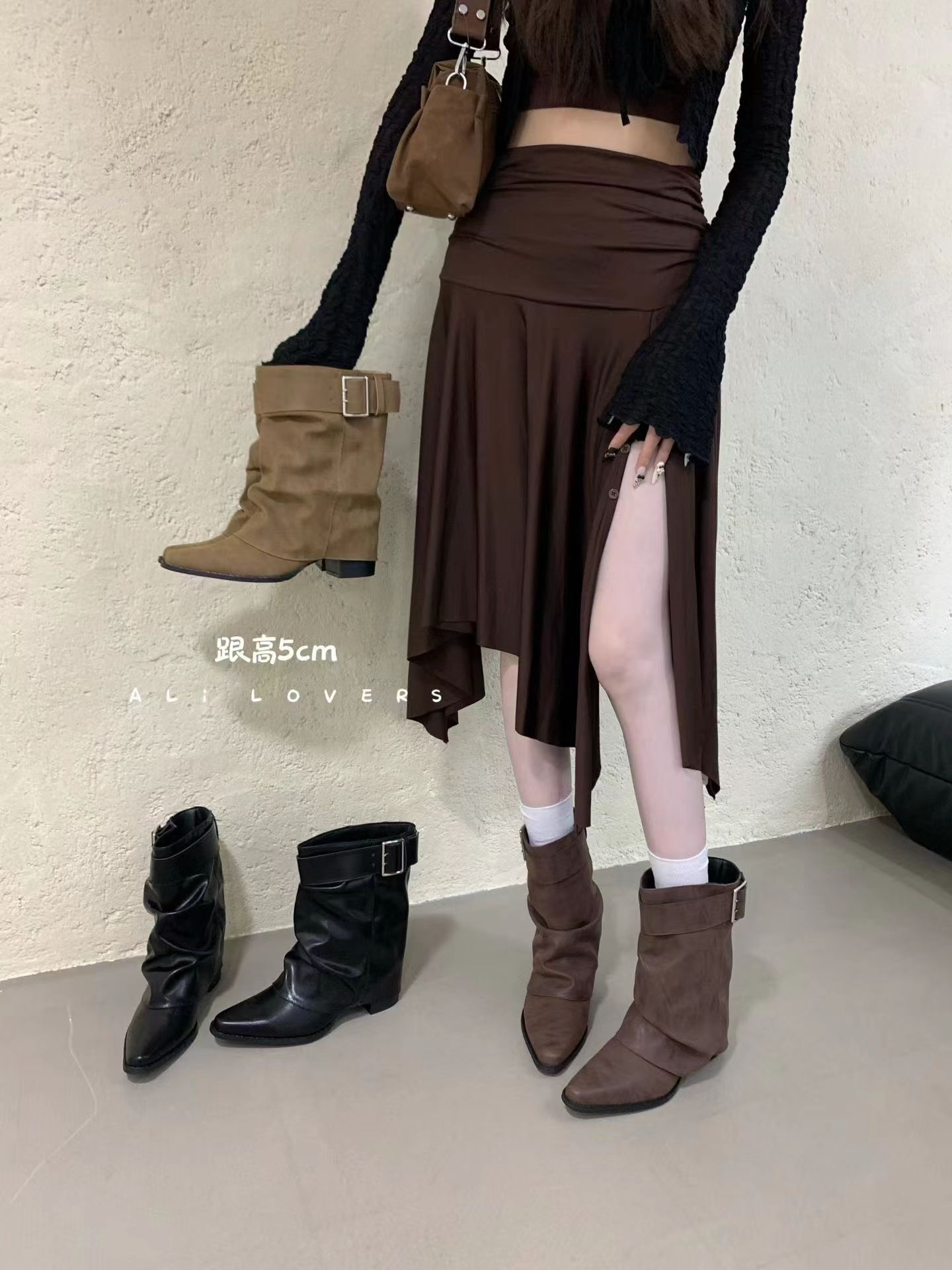 復古粗皮帶套筒短靴