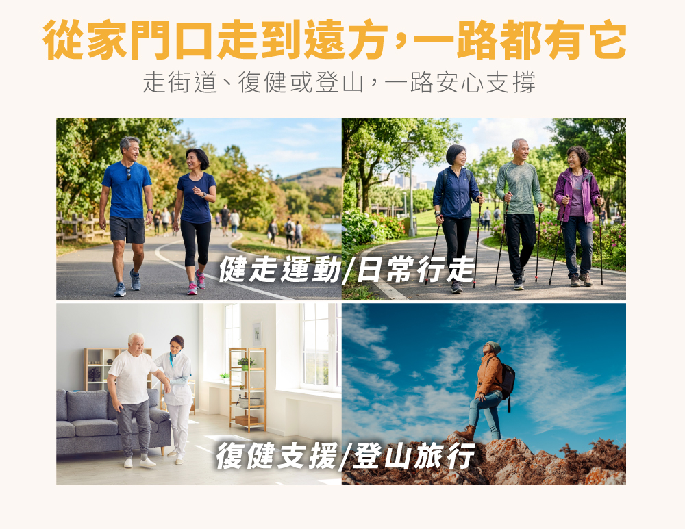 鋁合金輕量摺疊健走杖,適用於健走運動、日常行走與登山旅行。