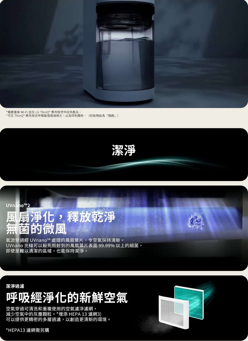 LG PuriCare DD181MWE0 除濕機潔淨功能介紹，搭載 UVnano 紫外線技術淨化風扇葉片，可抑制風扇表面細菌，並可搭配 HEPA 13 濾網過濾空氣中灰塵與微粒，兼顧除濕與潔淨空氣。