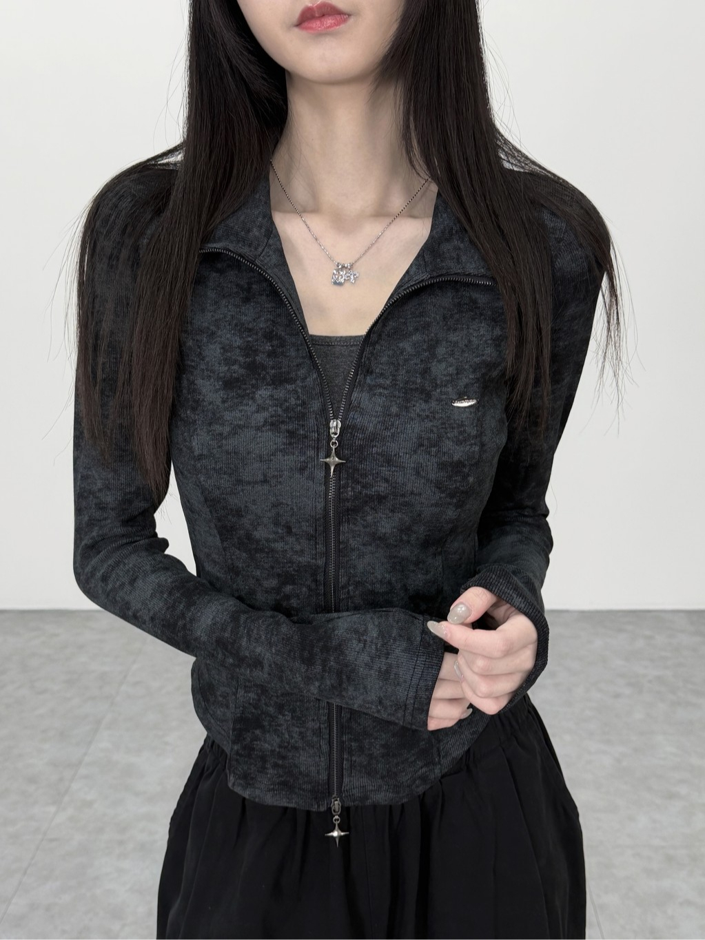 A0433-A16 暈染雙拉鏈翻領修身長袖上衣