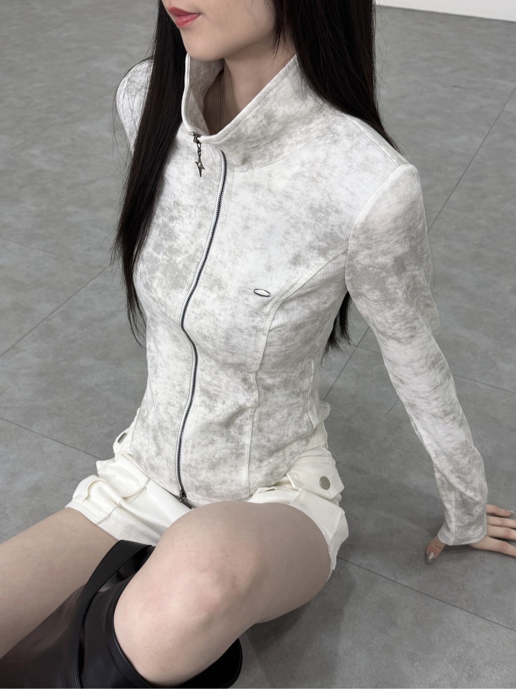 A0433-A16 暈染雙拉鏈翻領修身長袖上衣