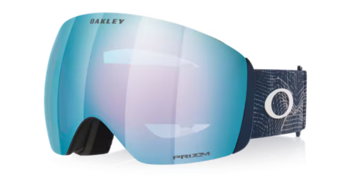 OAKLEY Flight Deck™ L滑雪風鏡黑框藍紫Prizm鏡片正面視圖，鏡片上緣印有OAKLEY字樣，鏡框側邊標示PRIZM品牌標誌