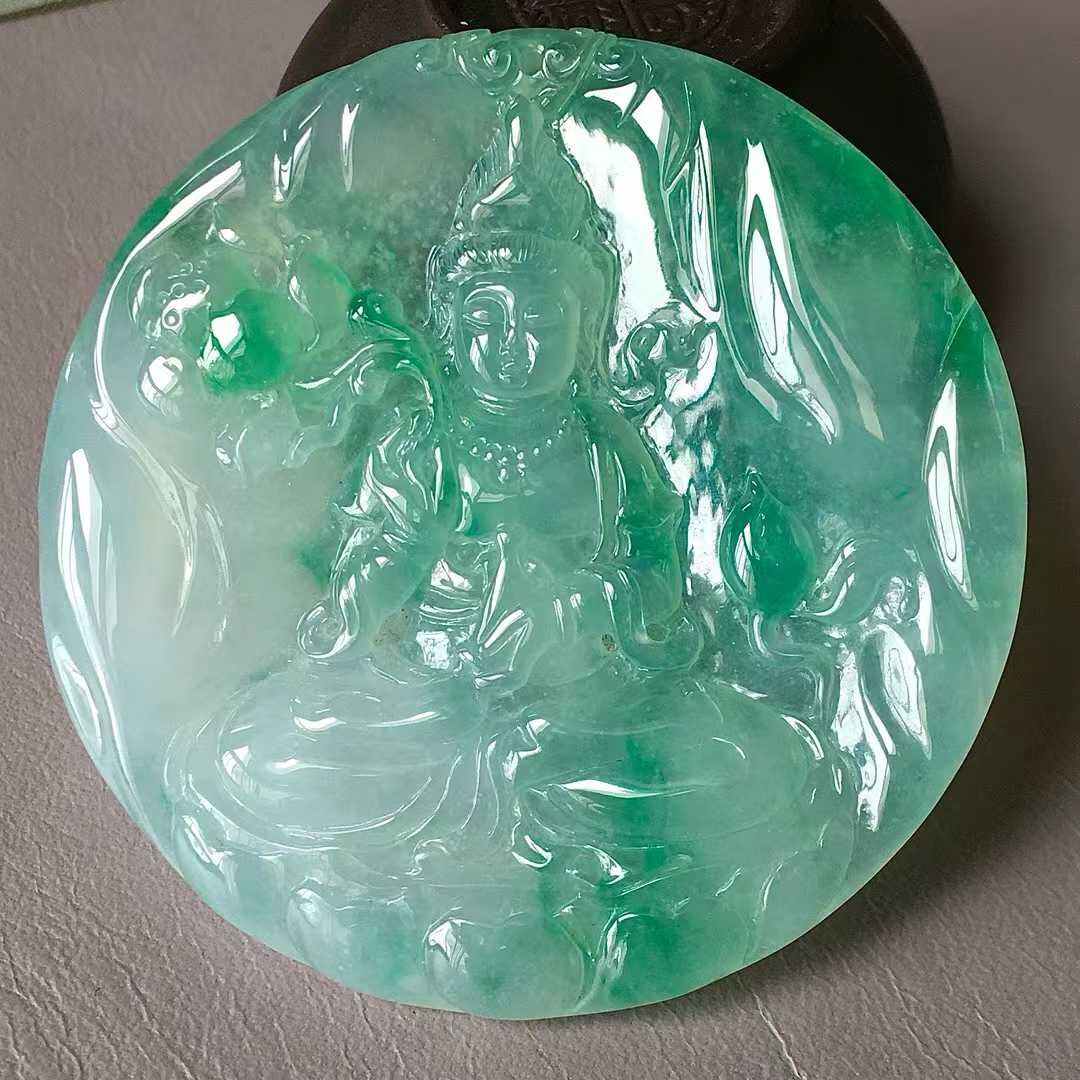 翡翠冰飄花自在觀音圓牌 (54.8mm直徑),天然翡翠A玉, 緬甸玉, Jade, Jadeite