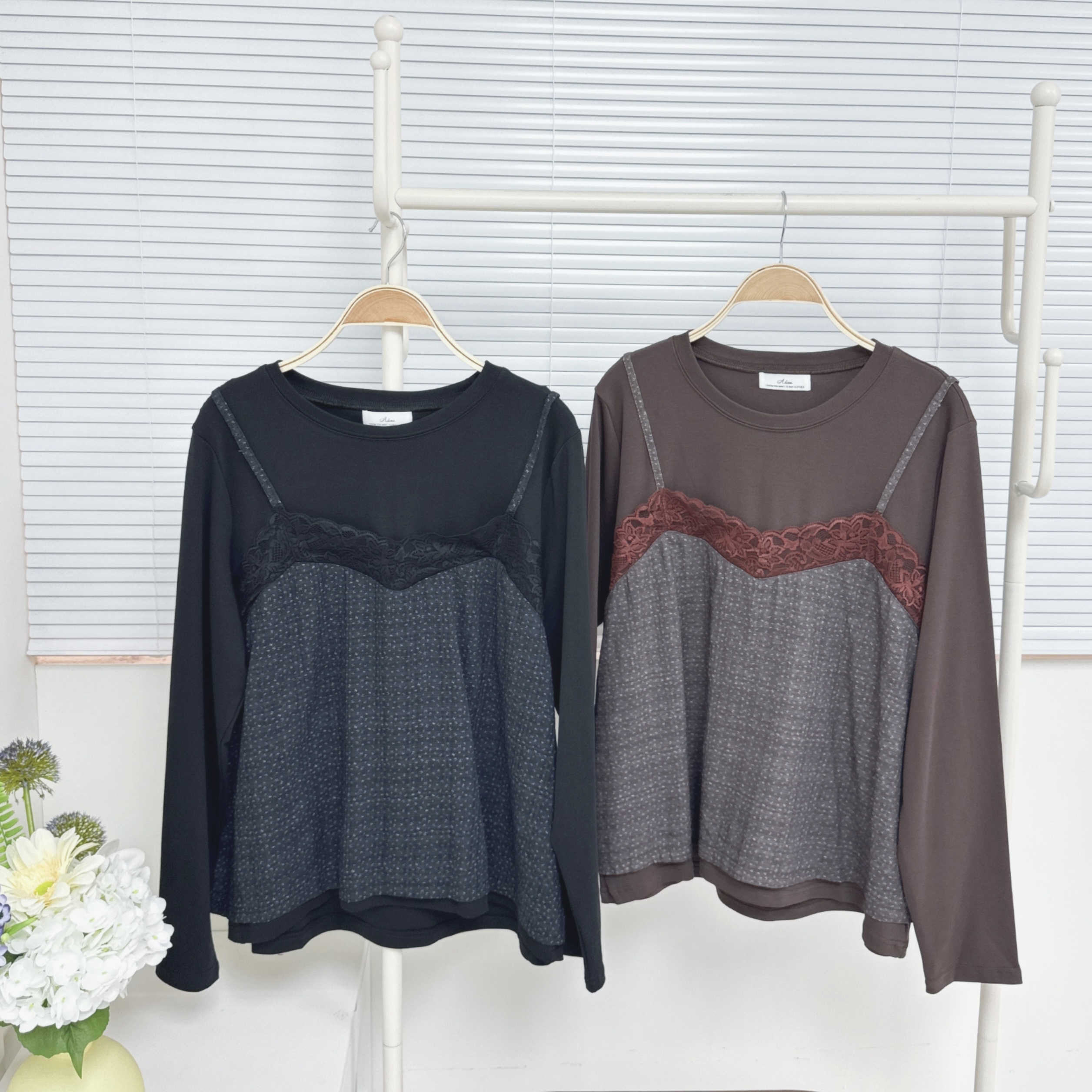 【廠家制】假吊帶拼碎花布長袖TOP (H12-H13)