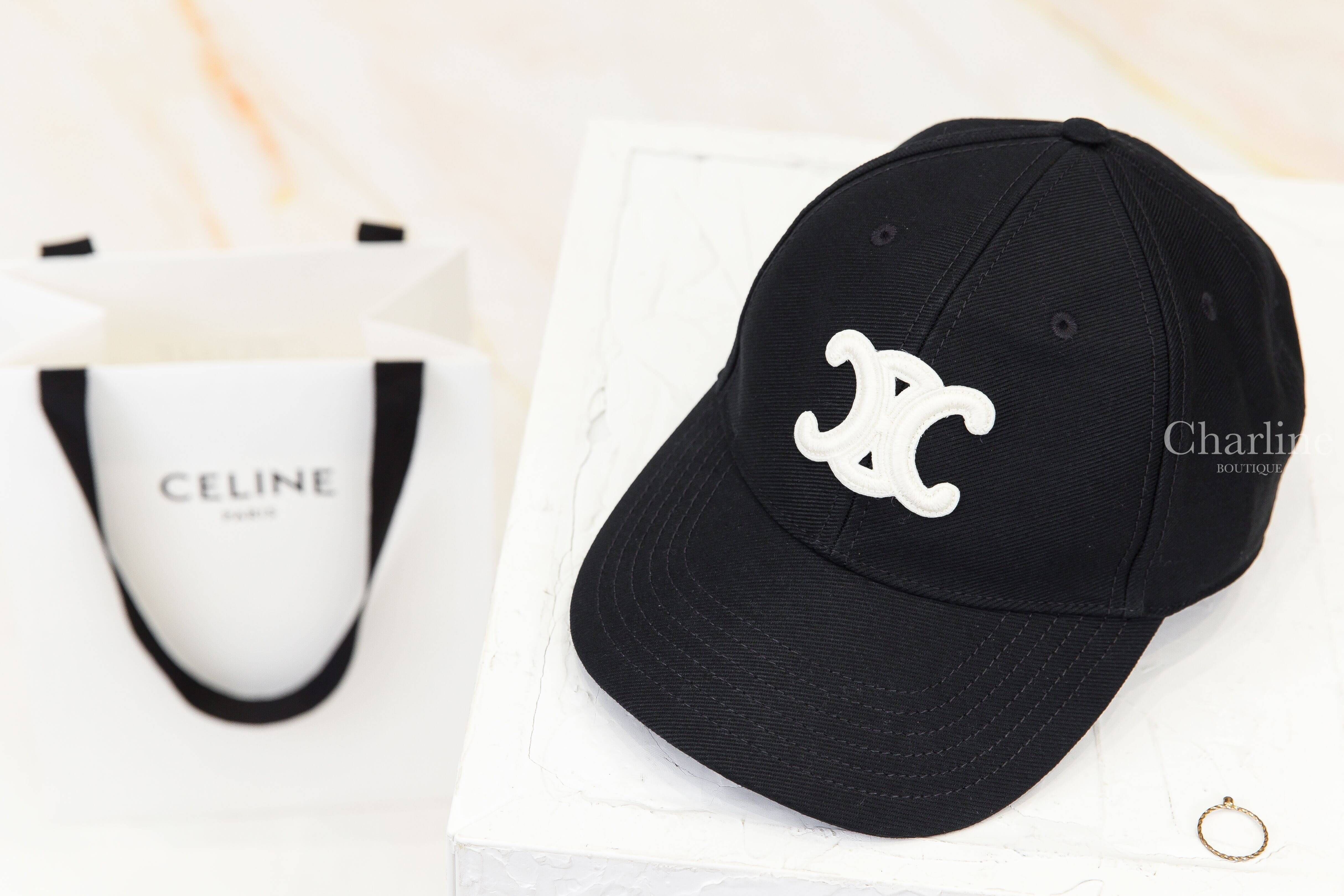 Celine Triomphe Baseball Cap In Cotton 黑色刺繡白色凱旋門棉質棒球帽