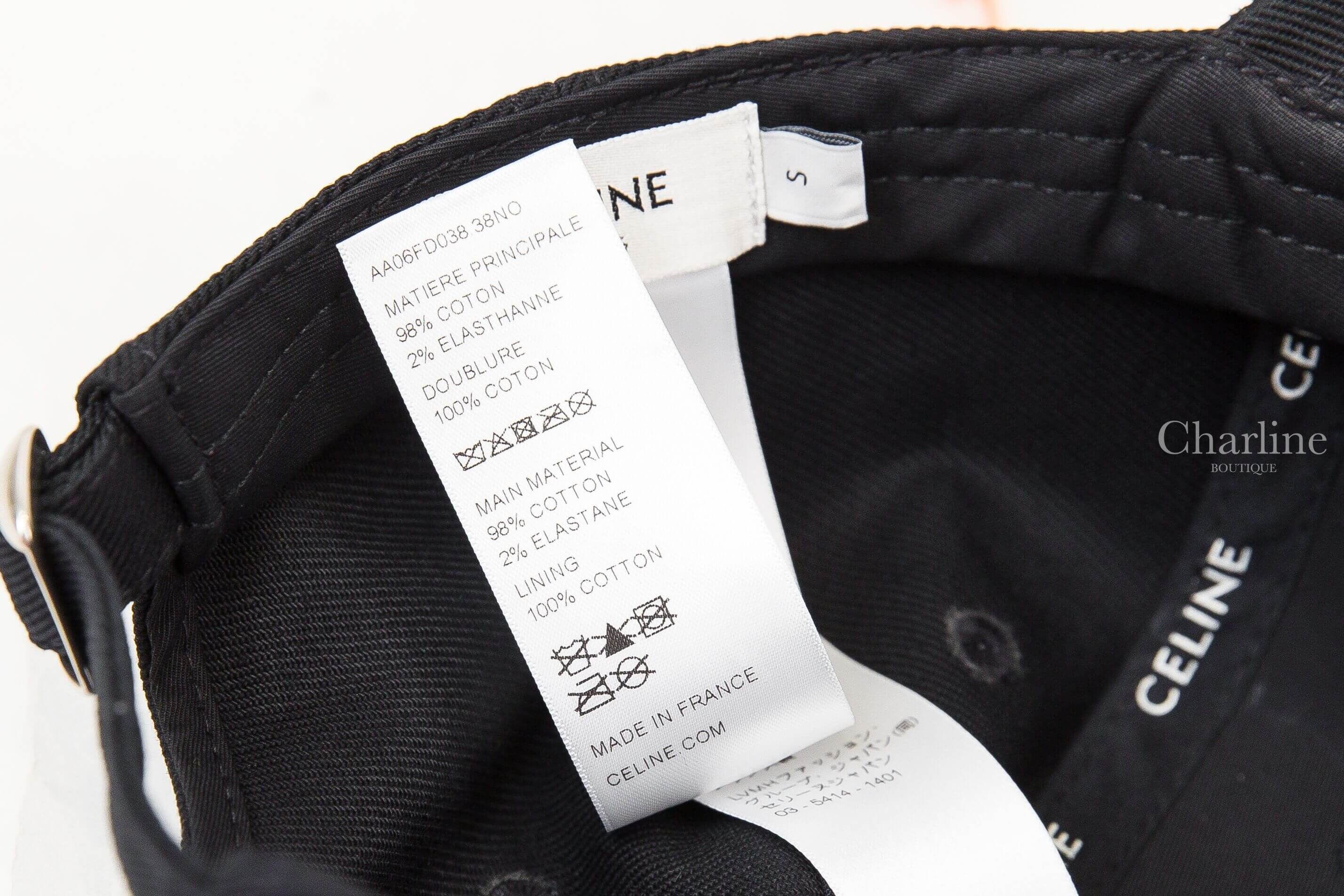 CELINE 黑色 Triomphe 凱旋門棒球帽材質成分與 Product Reference AA06FD038.38NO 洗標細節，Charline Boutique 實拍