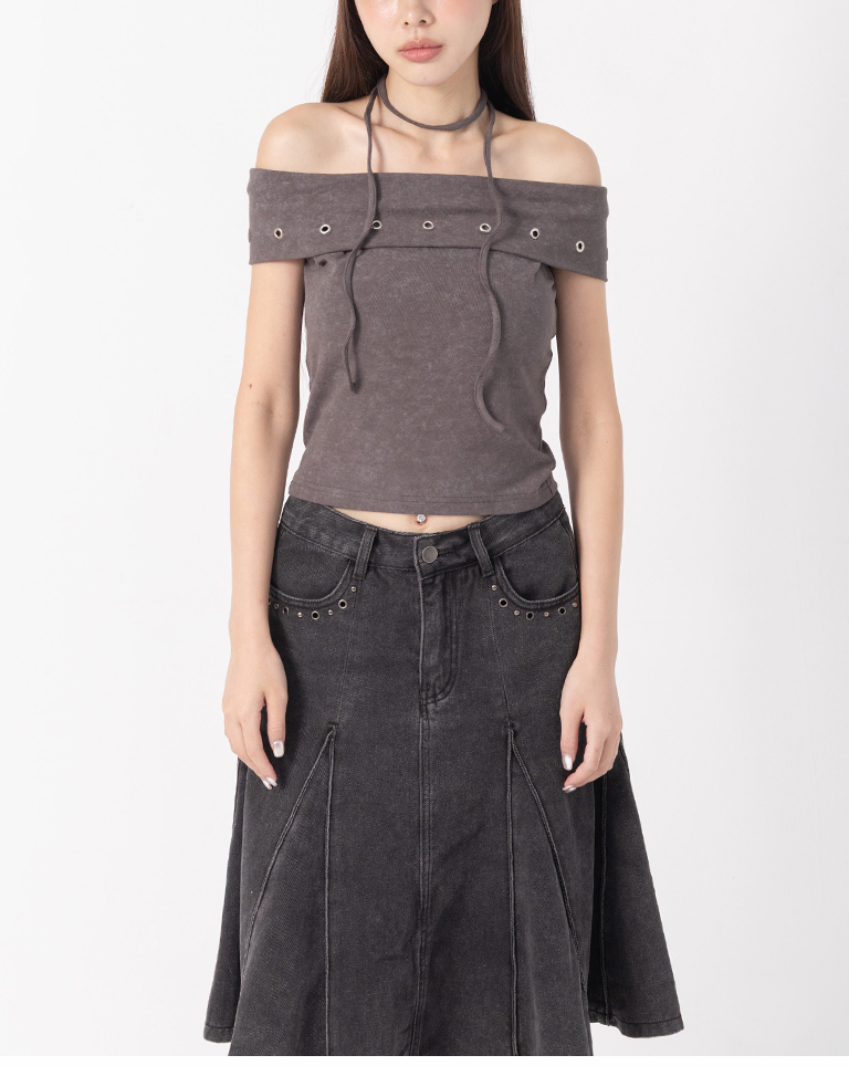 Metal-studded, flat-neck tie-dye top with drawstring, available in two colors.【01099946】in stock+pre-order