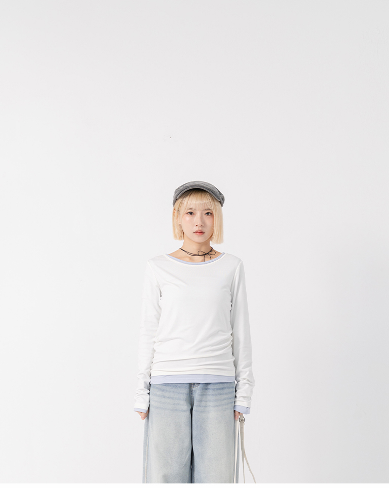 Basic plain stretch long-sleeved top - white【01200035】in stock+pre-order