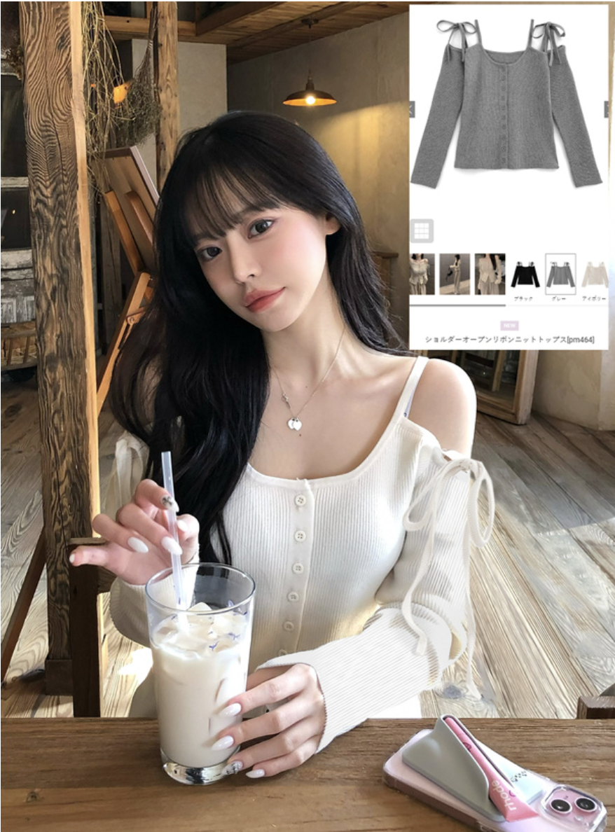 JP1300｜約會感𓍢ִ໋☕️✧˚ ༘ ⋆ 雙吊帶綁帶露肩掛鈕針織長袖上衣