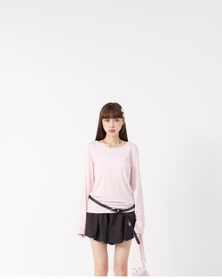 Basic Plain Elastic Long-Sleeved Top - Pink【01200037】in stock+pre-order