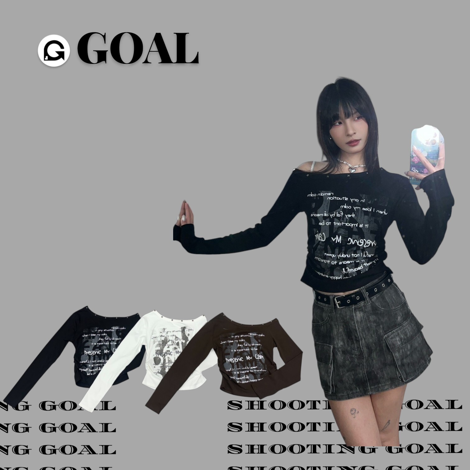 (GOAL) 美式鉚釘斜肩抓皺薄長袖 8183