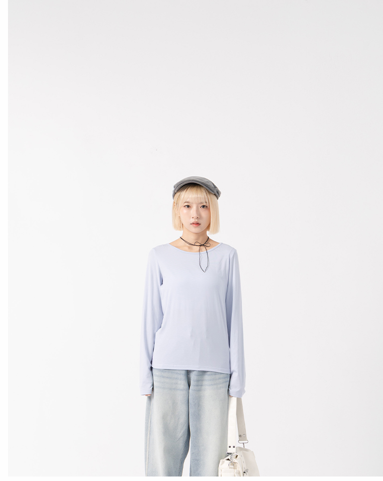 Basic plain stretch long-sleeved top - blue【01200039】in stock+pre-order